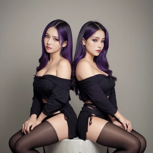 off shoulder, (twins womans) , deep cleavage, long hair, purple bikini style, wrapped in dirty rags , black shirt, purple haired , big boob, absurd, beautiful face , beautiful eyes, perfext body. Full body shoot , sitting , happy , squirt , indonesian
