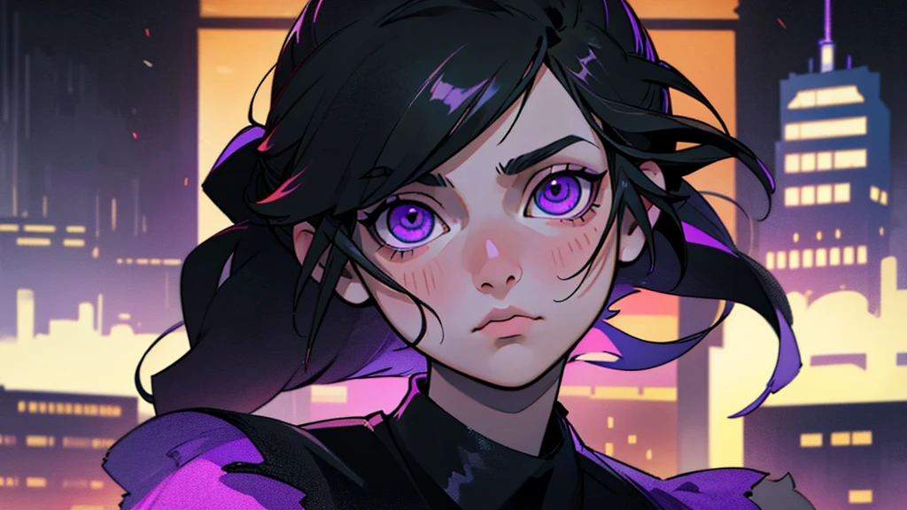 White girl, dark black hair color, very long flowing pony tail hair, bangs in face, purple eye color, small eyes, round eye shape, eyeliner, realistic face shape. black shirt, portrait, wearing a black hood, cyberpunk, city background, Depth of Field. looking at camera, dreamy look detailed eyes, detailed face, detailed skin, Ultra Detailed, Beautiful and Aesthetic, Masterpiece, Best Quality, shoulders showing. round chin shape. showing full upper body and face. alot of flairs in background, zoomed out, black and white. glowing, goddess