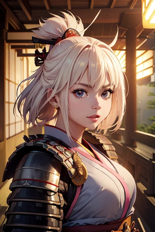 Very detailed CG Unity 8K wallpaper, Cute One lady, Mature Hair、lady ,beautiful lady, pale skin (Super masterpiece, Beautiful person, well detailed face polluted smile, Photorealistic, hyper realisitic), 
(Japan Samurai full Armor:1.5)、(samurai:1.5)、
Japanese background、Portrait、Daytime、(Spotlight on face:1.7)、
(middle breast :1.30)、(Glowing Skin:1.3)、
Detailed eyes、Big eyes、Open your mouth a little、Hide your arms、
Blonde、Light blue glowing eyes、Pink Lips