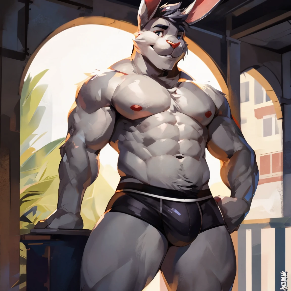 Medium muscular, rabbit, light gray, light gray rabbit, in black underwear, black underwear, string underwear, standing, handsome, good anatomy, By mystikfox61