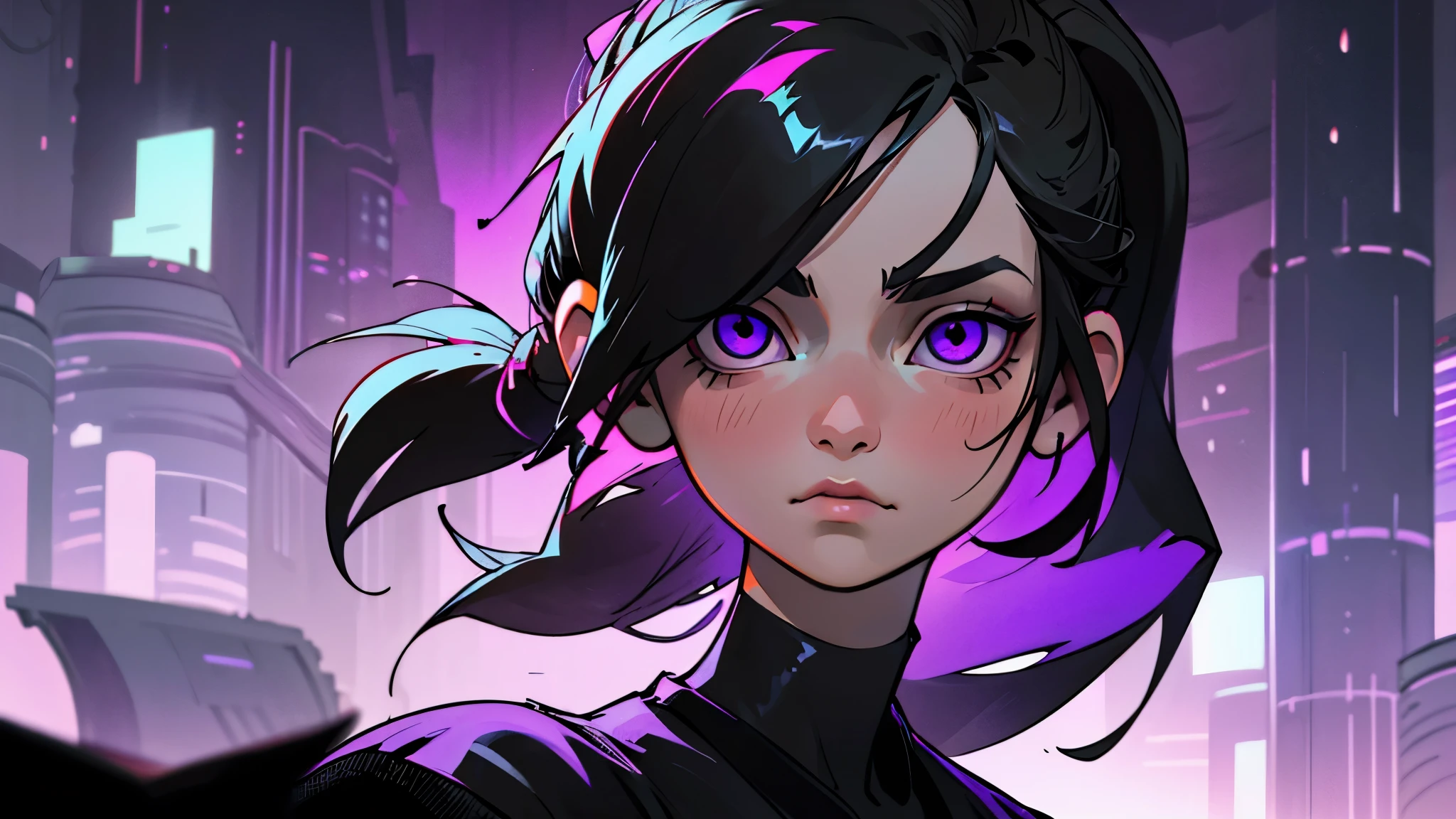 White girl, dark black hair color, very long flowing pony tail hair, bangs in face, purple eye color, small eyes, round eye shape, eyeliner, realistic face shape. black shirt, portrait, wearing a black hood, cyberpunk, city background, Depth of Field. looking at camera, dreamy look detailed eyes, detailed face, detailed skin, Ultra Detailed, Beautiful and Aesthetic, Masterpiece, Best Quality, shoulders showing. round chin shape. showing full upper body and face. alot of flairs in background, zoomed out, black and white. glowing, goddess