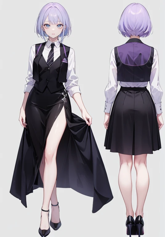 ((Perfect Face)),Purple Hair,short hair,1 female,bartender,,Black vest,tie,skirt,slit,High heels,,((Simple light color background)),((smile)),((Full Body)),((full body)),Portraiture,virtual,upright,