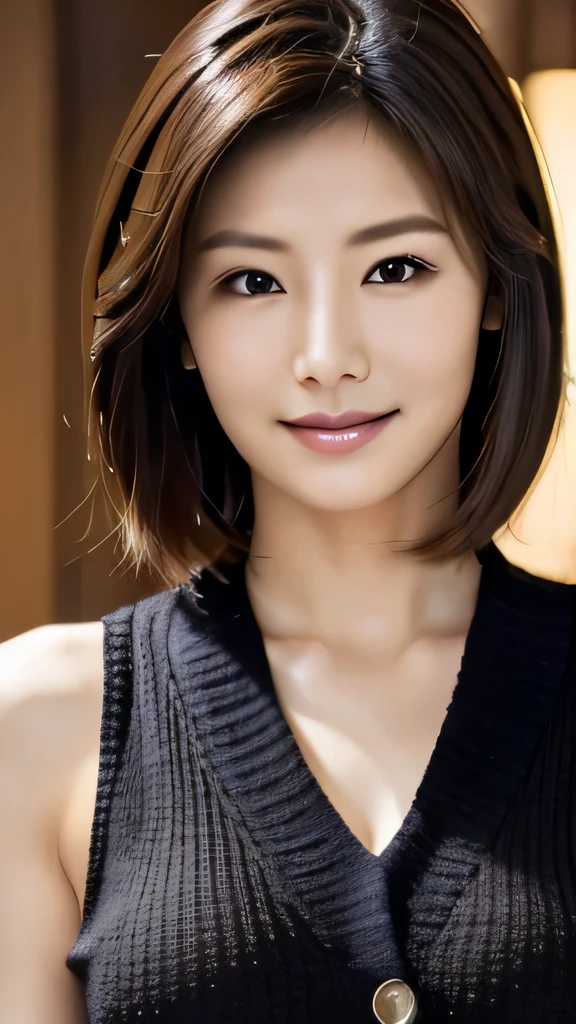 (masterpiece:1.3), (8k, Photorealistic, Raw photo, Best image quality: 1.4), Japanese 、(Random Hairstyles:1.2)、Cleavage:1.2、Super detailed face、Attention to detail、double eyelid、Put your chest together、Sharp focus:1.2、Beautiful woman:1.4、Light brown hair、highest quality、masterpiece、超A high resolution、(Photorealistic:1.4)、Highly detailed and professionally lit smile、Loose, lightweight black knitwear、Shoulder out、thin、Serious expression、Short-haired、Deadly position、I can see your chest