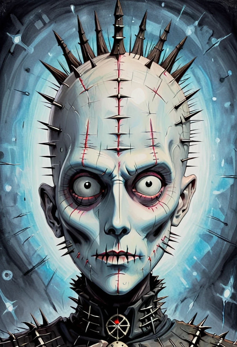 closeup portrait 2d, painting anime artwork 1boy as (pinhead:1.4) from hellraiser horror style,anime style, key visual, vibrant, studio anime, ,(hand drawn with pencil:1.15), (tim burton style:1.25), ,