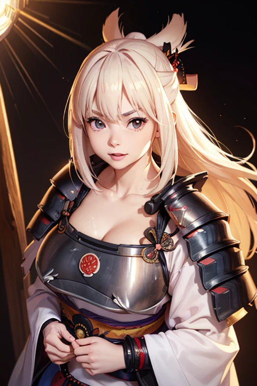 Very detailed CG Unity 8K wallpaper, Cute One lady, Mature Hair、lady ,beautiful lady, pale skin (Super masterpiece, Beautiful person, well detailed face polluted smile, Photorealistic, hyper realisitic),
(Japan Samurai full Armor:1.5)、(samurai:1.5)、
Japanese background、Portrait、Daytime、(Spotlight on face:1.7)、
(middle breast :1.30)、(Glowing Skin:1.3)、
Detailed eyes、Big eyes、Open your mouth a little、Hide your arms、
Blonde、Light blue glowing eyes、Pink Lips、
(Bare your chest:1.5)