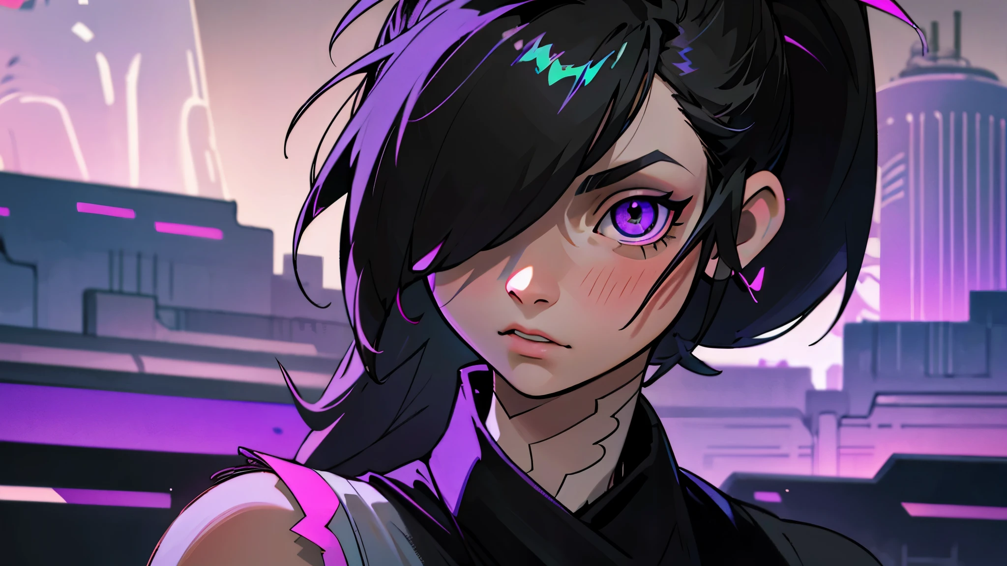 White girl, dark black hair color, very long flowing pony tail hair, bangs in face, purple eye color, small eyes, round eye shape, eyeliner, realistic face shape. black shirt, portrait, wearing a black hood, cyberpunk, city background, Depth of Field. looking at camera, dreamy look detailed eyes, detailed face, detailed skin, Ultra Detailed, Beautiful and Aesthetic, Masterpiece, Best Quality, shoulders showing. round chin shape. showing full upper body and face. alot of flairs in background, zoomed out, black and white. glowing, goddess