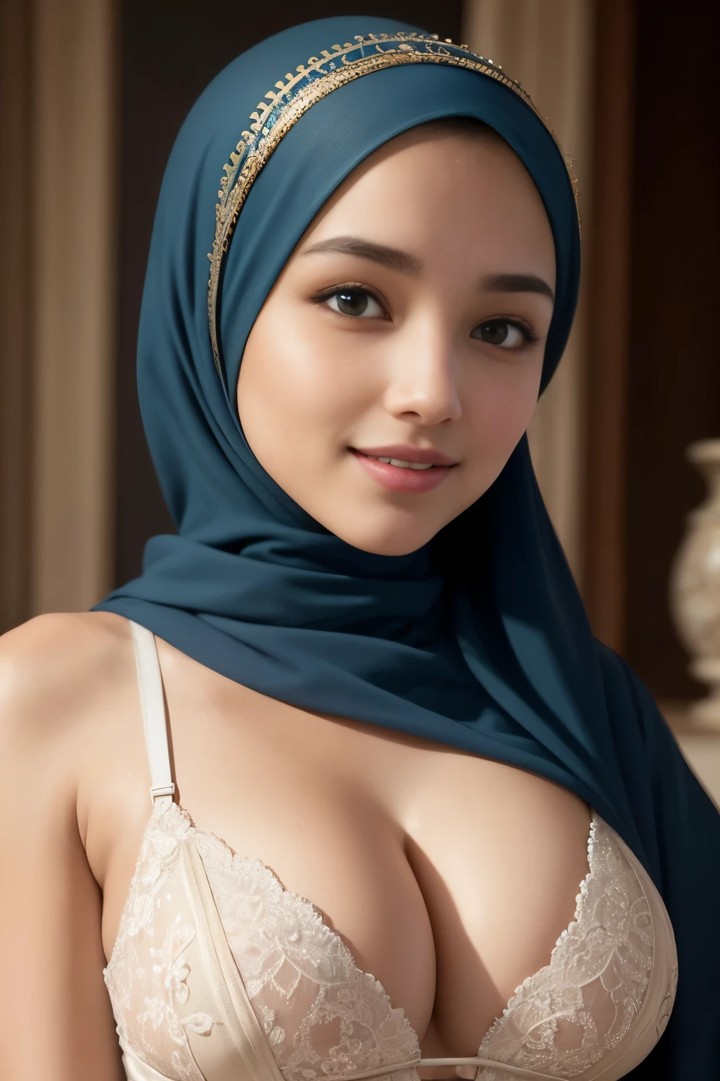 sportsbra, cleavage, hijabi, Absurd, ultra-detailed, high quality, masterpiece, detailed face, beautiful eyes(detailed eyes), Greek mythology Goddess, Hestia, goddess of the hearth and home, gentle and graceful, face exudes warmth and kindness, eyes described as soft and comforting, gentle and steady gaze, overall appearance is simple and modest, The fabric of her garments is usually depicted as soft and earth-toned, beauty lies not in extravagant adornments, Her smile is serene and welcoming