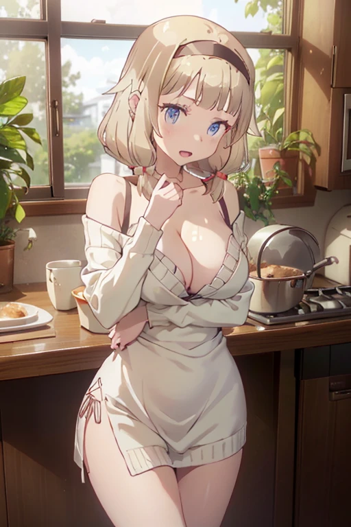 masterpiece, 1girl, Amazing Cleavage:1.3, thin waist, big ass, Raised sexy, medium breast:1.3,posed cleavage:1.2,solo, looking at viewer, open mouth, daeksilver hair, blue eyes, cute dress, bare shoulders, jewelry, collarbone, sidelocks, hairband, earrings, indoors, off shoulder, arms behind back, plant, short hair with long locks, white hairband, off-shoulder dress, sweater dress, off-shoulder sweater, red sweater, big side hair, very long side hair,is rendered in (masterpiece: 1.2, best quality), with (ultra high resolution) and an exquisite (depth of field). This masterpiece is not only visually stunning but also tells, make of cooking some cakes ,in the kitchen