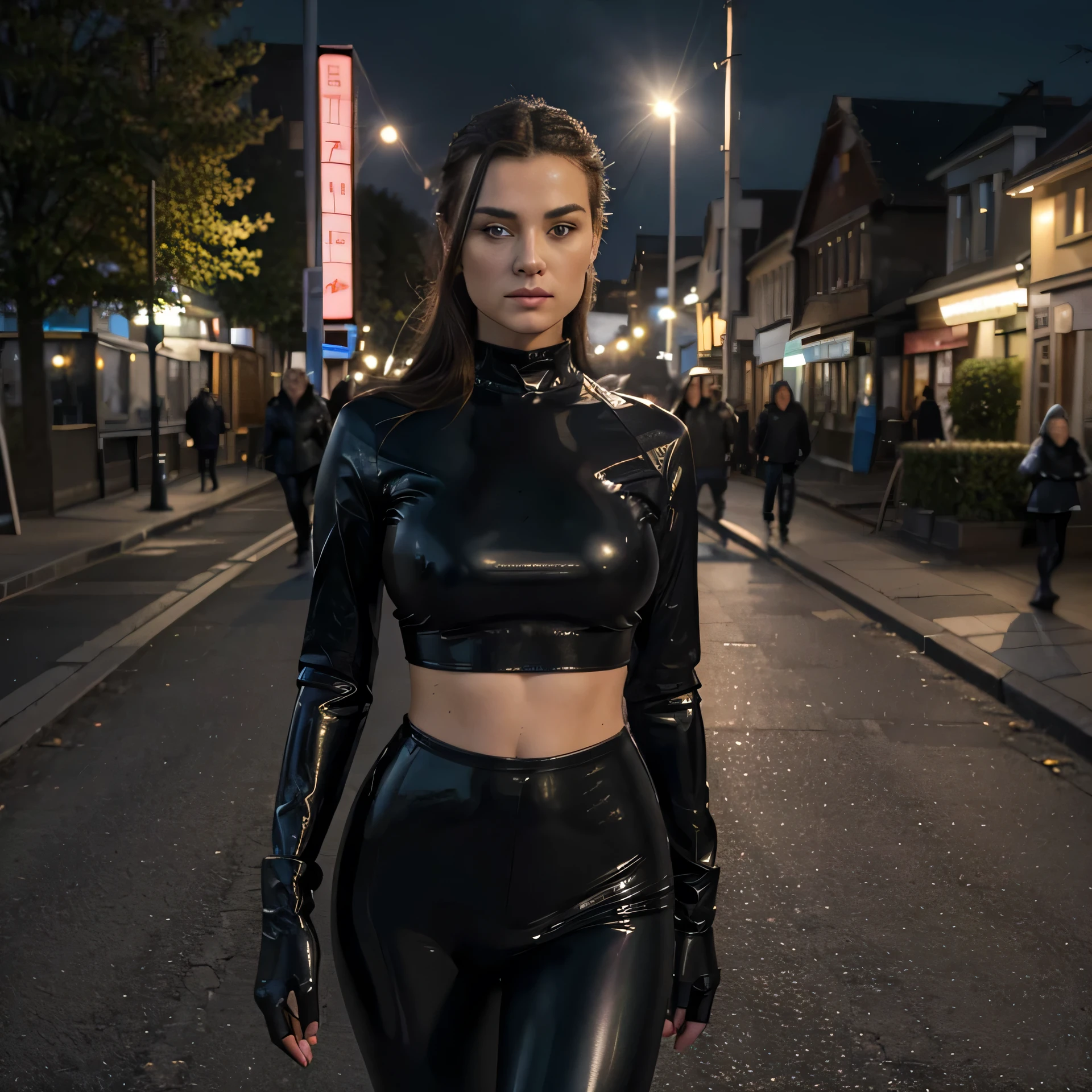 (best quality,highres,realistisch:1.2),Ultra-detailliert,rothaariges supermodel,25 Jahre alt,[blaue Augen],perfekter Arsch,[schwarze Latex-Leggings],Sexy Aussehen,[kalt] outside,[over the chest],lebendige Farben,Studiobeleuchtung