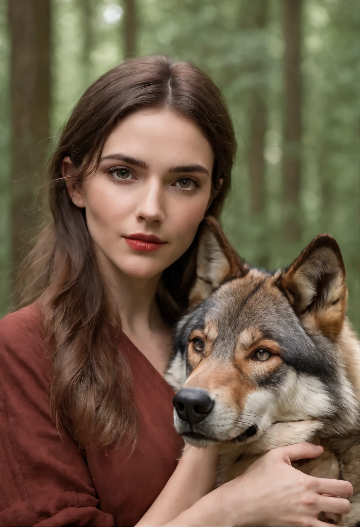 there is a woman hugging a wolf in the woods, by Emma Andijewska, inspired by Elke Vogelsang, dog, aleksandra waliszewska, angiewolf, portrait shot, photo portrait, with wolfs, inspired by Caspar Wolf, wolves and their treasures, by Zofia Stryjenska, realistic art, traditional art