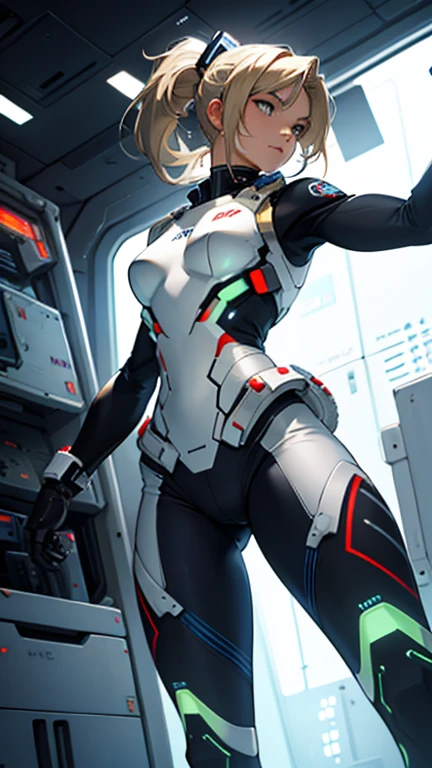 Beautiful cybernetic girl looking at camera in underwear space battlesuit detailed muscles realistic masterpieces dynamic poses sandy blonde white hair high ponytail