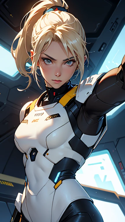 Beautiful cybernetic girl looking at camera in underwear space battlesuit detailed muscles realistic masterpieces dynamic poses sandy blonde white hair high ponytail