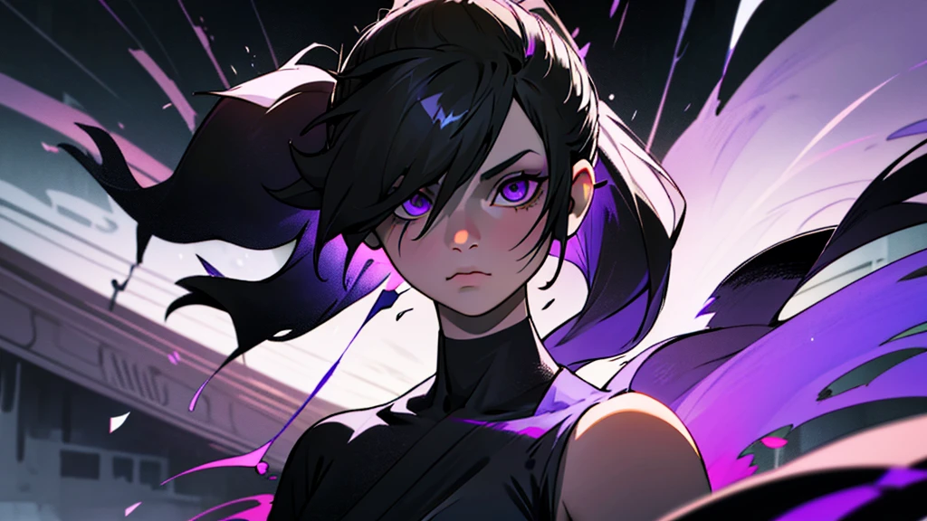 White girl, dark black hair color, very long flowing pony tail hair, bangs in face, purple eye color, small eyes, round eye shape, eyeliner, realistic face shape. black shirt, portrait, wearing a black hood, cyberpunk, city background, Depth of Field. looking at camera, dreamy look detailed eyes, detailed face, detailed skin, Ultra Detailed, Beautiful and Aesthetic, Masterpiece, Best Quality, shoulders showing. round chin shape. showing full upper body and face. alot of flairs in background, zoomed out, black and white. glowing, goddess, swinging a katana sword, glowing slashing effects