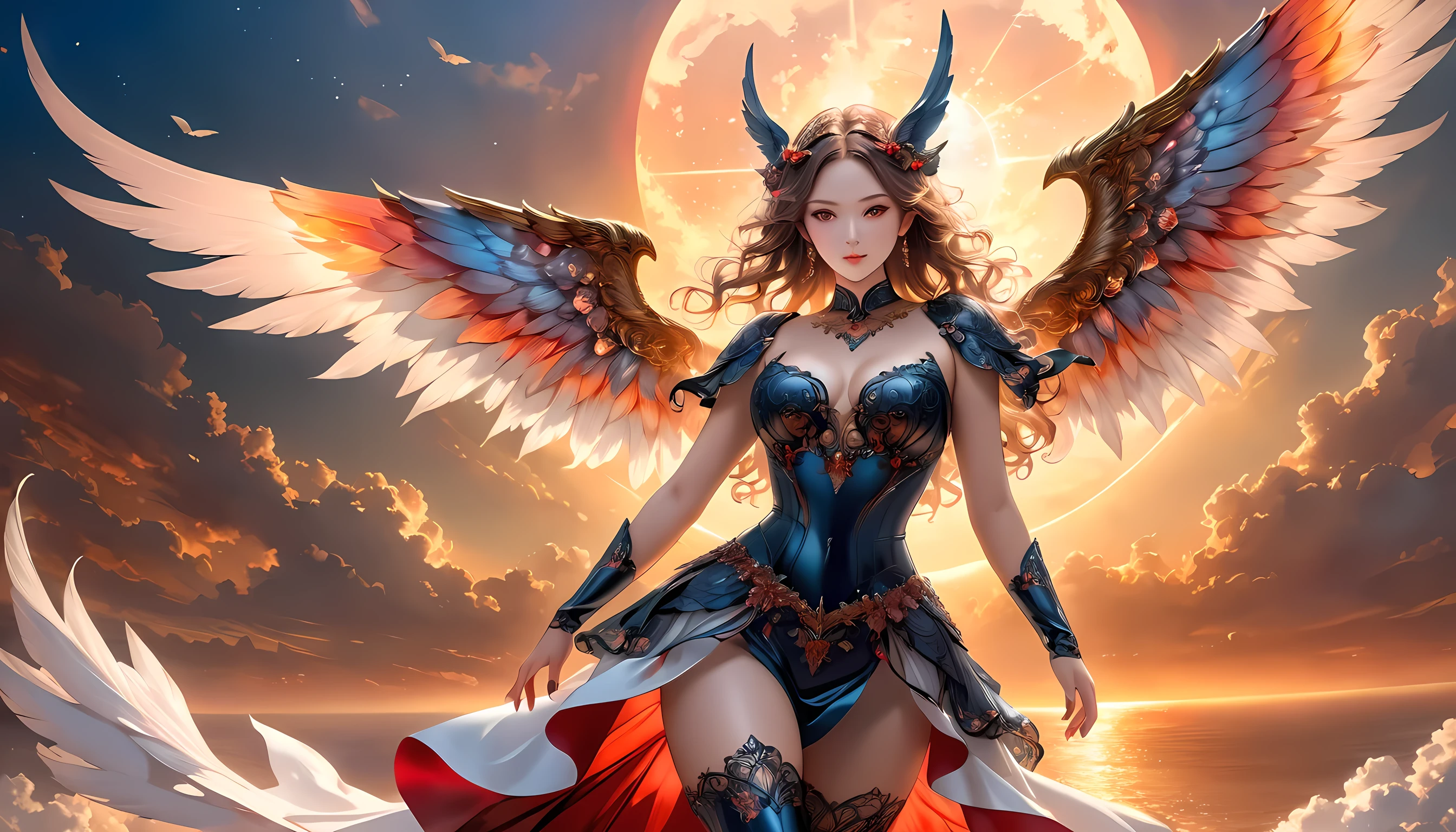 fantasy art, RPG art, a picture of (2 women: 1.6), a female angel (Masterpiece, intricate details: 1.5), wearing dress, pale skin, best details beautiful face (Masterpiece, intricate details: 1.3 ), blond hair, long hair wavy hair (Masterpiece, intricate details: 1.3), blue eyes, high heeled boots, wearing a dress (Masterpiece, intricate details: 1.3), large feathered wings, white angel_wings spread AND a female demon (Masterpiece, intricate details: 1.5), demon, red skin (Masterpiece, intricate details: 1.3), black flame wings spread, demonic horns (Masterpiece: 1.3), red skin (Masterpiece: 1.3), black hair, red eyes, best details beautiful face (Masterpiece, intricate details: 1.2), wearing a dress (Masterpiece, intricate details: 1.3), black high heels, in the border between heaven and hell, moon, stars, clouds, god rays, soft natural light silhouette, dynamic angle, photorealism, panoramic view (Masterpiece 1.3, intense details) , Wide-Angle, Ultra-Wide, faize
