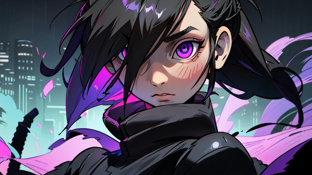 White girl, dark black hair color, very long flowing pony tail hair, bangs in face, purple eye color, small eyes, round eye shape, eyeliner, realistic face shape. black shirt, portrait, wearing a black hood, cyberpunk, city background, Depth of Field. looking at camera, dreamy look detailed eyes, detailed face, detailed skin, Ultra Detailed, Beautiful and Aesthetic, Masterpiece, Best Quality, shoulders showing. round chin shape. showing full upper body and face. alot of flairs in background, zoomed out, black and white. glowing, goddess, swinging a katana sword, glowing slashing effects