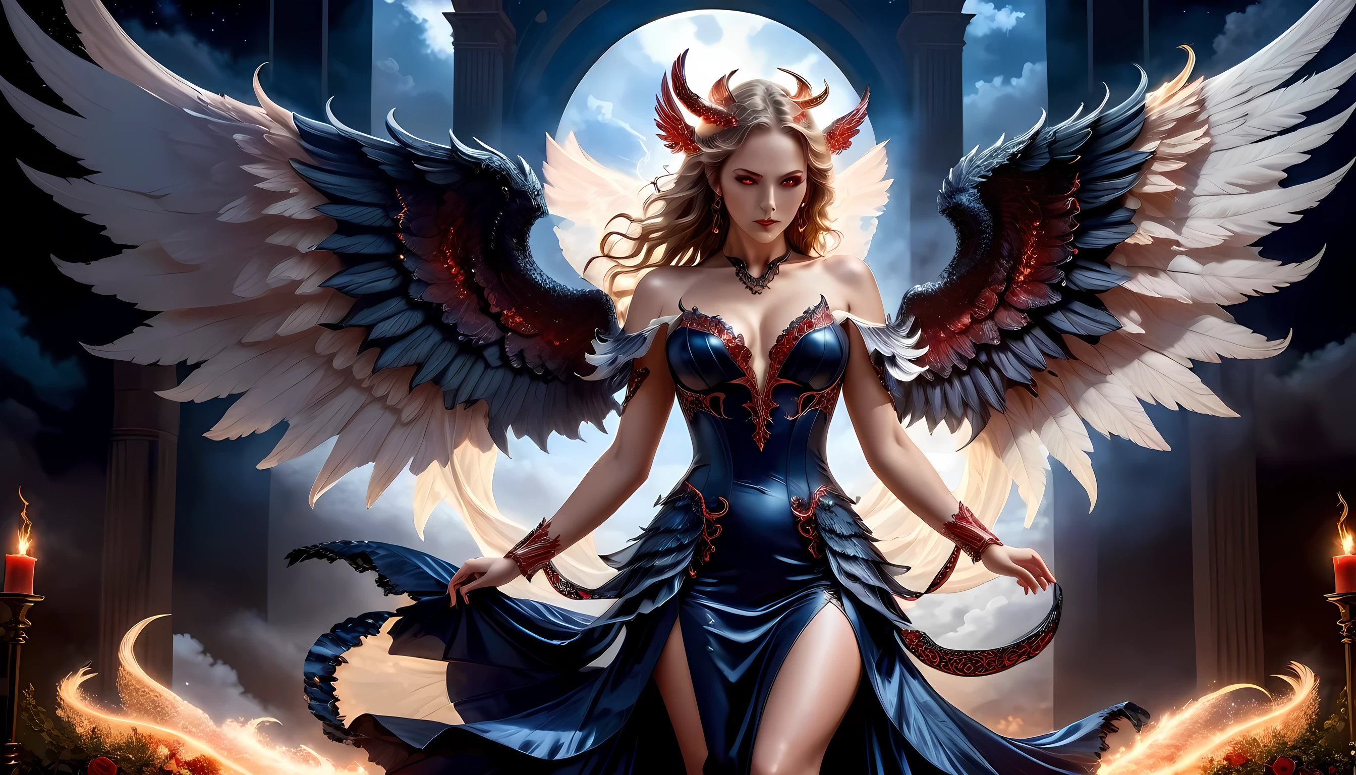fantasy art, RPG art, a picture of (2 women: 1.6), a female angel (Masterpiece, intricate details: 1.5), wearing dress, pale skin, best details beautiful face (Masterpiece, intricate details: 1.3 ), blond hair, long hair wavy hair (Masterpiece, intricate details: 1.3), blue eyes, high heeled boots, wearing a dress (Masterpiece, intricate details: 1.3), large feathered wings, white angel_wings spread AND a female demon (Masterpiece, intricate details: 1.5), demon, red skin (Masterpiece, intricate details: 1.3), black flame wings spread, demonic horns (Masterpiece: 1.3), red skin (Masterpiece: 1.3), black hair, red eyes, best details beautiful face (Masterpiece, intricate details: 1.2), wearing a dress (Masterpiece, intricate details: 1.3), black high heels, in the border between heaven and hell, moon, stars, clouds, god rays, soft natural light silhouette, dynamic angle, photorealism, panoramic view (Masterpiece 1.3, intense details) , Wide-Angle, Ultra-Wide, faize