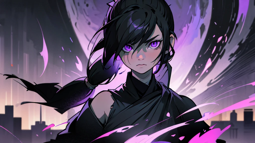 White girl, dark black hair color, very long flowing pony tail hair, bangs in face, purple eye color, small eyes, round eye shape, eyeliner, realistic face shape. black shirt, portrait, wearing a black hood, cyberpunk, city background, Depth of Field. looking at camera, dreamy look detailed eyes, detailed face, detailed skin, Ultra Detailed, Beautiful and Aesthetic, Masterpiece, Best Quality, shoulders showing. round chin shape. showing full upper body and face. alot of flairs in background, zoomed out, black and white. glowing, goddess, swinging a katana sword, glowing slashing effects, full body, zoomed out