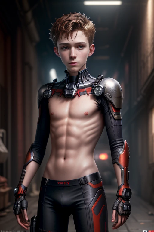 ((Photorealistic)) hyperdetailed full-body erotic photo of SHIRTLESS ((scrawny)) Sexy twink Tom Holland cyberpunk, with brown hair, detailed skin, detailed face, dslr,