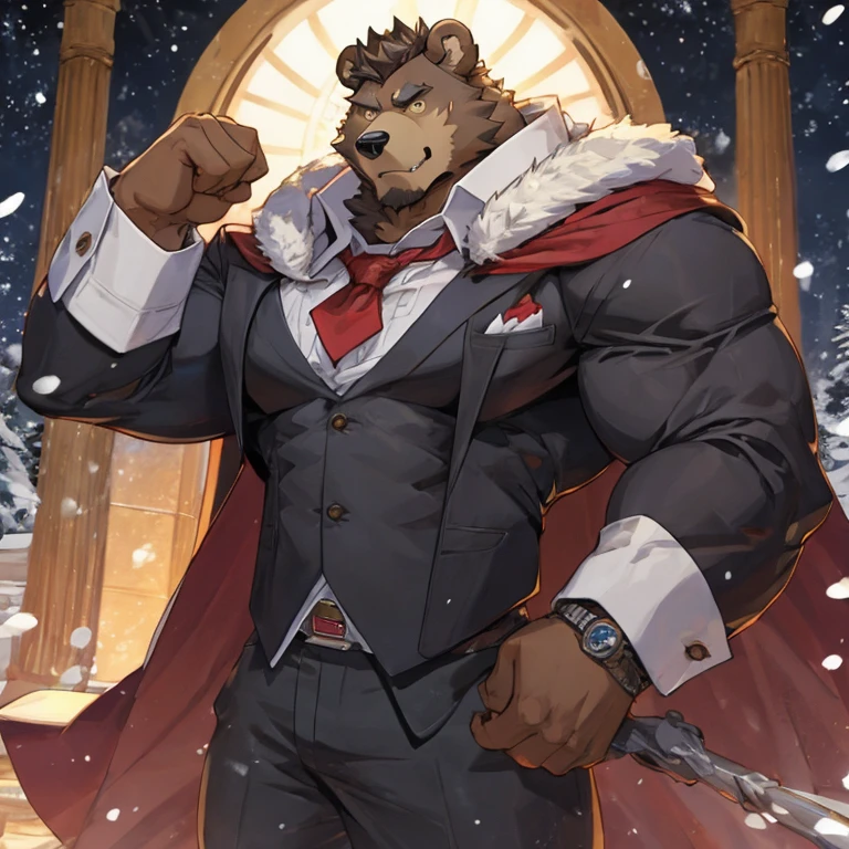 ((best quality)), ((masterpiece)), (detailed), perfect face, bara furry, bear man, big body, black skin, short quiff brown hair, yellow eyes, perfect eyes, handsome, at , tie, bear, elegant, handsome, big pecs, muscular, muscles remarked in the fabric of the suit, flexing, smiling, big body, cloak, winter, big pecs

