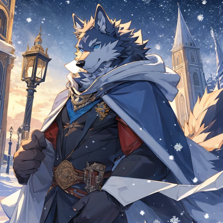 ((best quality)), ((masterpiece)), (detailed), perfect face,, wolf man, blue eyes, perfect eyes, handsome, at , tie, wolf, elegant, handsome, smiling, cloak, skinny body, white suit covering the wolf, winter