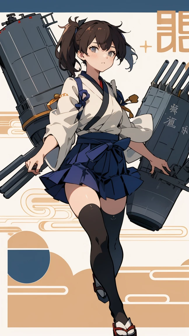 (masterpiece, highest quality) detailed, kaga (kancolle), {{kaga kai ni (kancolle)}}, side ponytail, brown eyes, black long hair, black thighhighs, short skirt, hakama skirt, japanese clothes, , blue hakama, hakama, muneate, tasuki, whole body,Chinese element pattern，thigh，