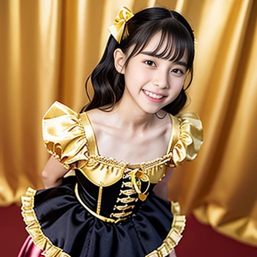 photo realistic, a girl in gold satin dress, 10 yo, pretty face, small breast, flat chest, Lolita Fashion, Colorful frilly satin costume:1.2, many frilled skirt, twin drill hair, smile, Double teeth, extra detailed Face, extra detailed Eyes, Drooping eyebrows, blush, break, Bright lighting, diagonal standing pose:2.0, low angle:2.0, knee shot:2.0