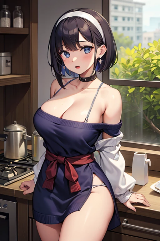 masterpiece, 1girl, Amazing Cleavage:1.3, thin waist, big ass, Raised sexy, medium breast:1.3,posed cleavage:1.2,solo, looking at viewer, open mouth, daeksilver hair, blue eyes, cute dress, bare shoulders, jewelry, collarbone, sidelocks, hairband, earrings, indoors, off shoulder, arms behind back, plant, short hair with long locks, white hairband, off-shoulder dress, sweater dress, off-shoulder sweater, red sweater, big side hair, very long side hair,is rendered in (masterpiece: 1.2, best quality), with (ultra high resolution) and an exquisite (depth of field). This masterpiece is not only visually stunning but also tells, make of cooking some cakes ,in the kitchen