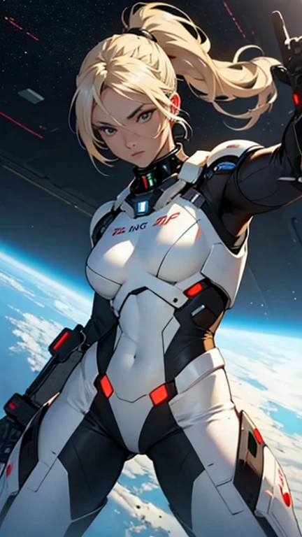 Beautiful cybernetic girl looking at camera in underwear space battlesuit detailed muscles realistic masterpieces dynamic poses sandy blonde white hair high ponytail
