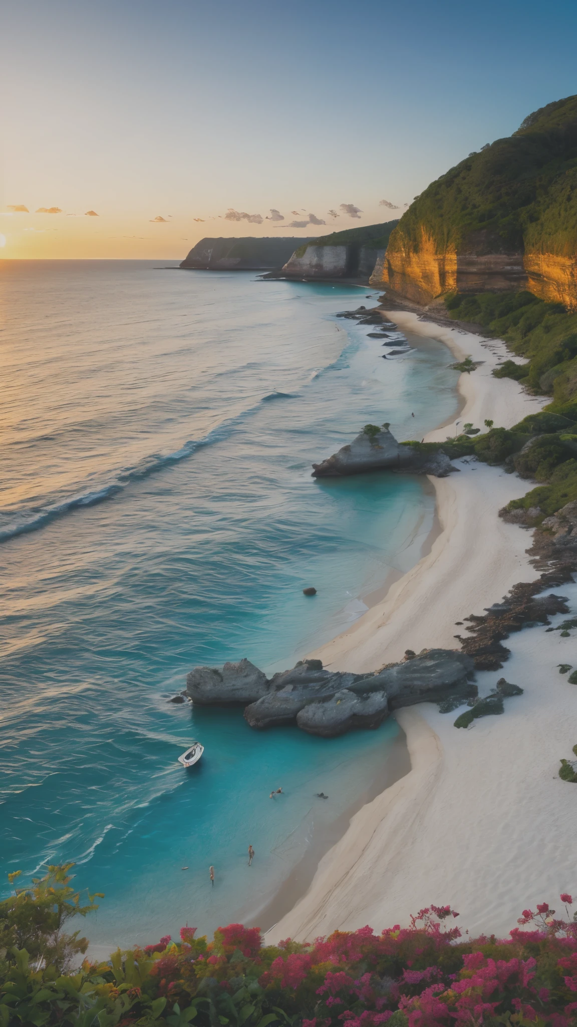 A coastal paradise featuring pristine beaches with turquoise waters, overlooked by cliffs adorned with vibrant foliage, as a breathtaking sunset casts a warm, golden hue over the scene