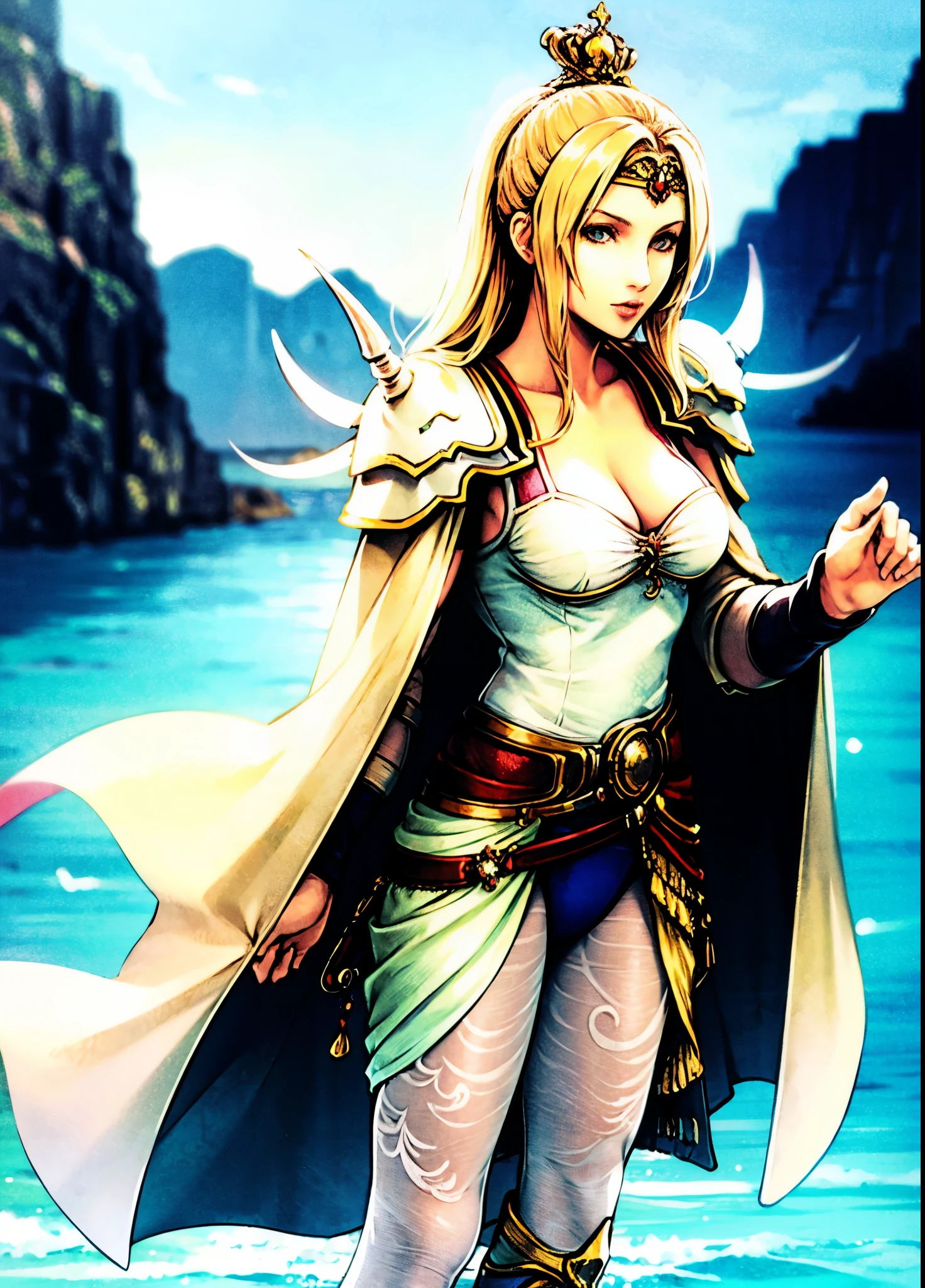 full body woman in a blue bikini sits on a rock next to a body of water, ornate bikini armor, goddess of the sea, portrait of female black elf warrior, detailed fantasy art, Extremely detailed Artgerm, realistic Alexis Texas blonde long messy hair, long elf ears
