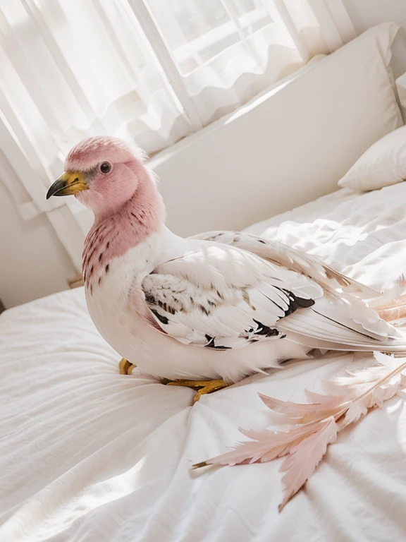 Photography style white bird with pink feathers laying on a bed with white sheets and sun shines on him softly