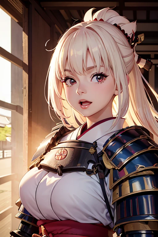 Very detailed CG Unity 8K wallpaper, Cute One lady, Mature Hair、lady ,beautiful lady, pale skin (Super masterpiece, Beautiful person, well detailed face polluted smile, Photorealistic, hyper realisitic), 
(Japan Samurai full Armor:1.5)、(samurai:1.5)、
Japanese background、Portrait、Daytime、(The bright light from the front of her:1.7)、
(middle breast :1.30)、(Glowing Skin:1.3)、
Detailed eyes、Big eyes、Open your mouth a little、Hide your arms、
Blonde、Light blue glowing eyes、Pink Lips、
(Bare your chest:1.0)