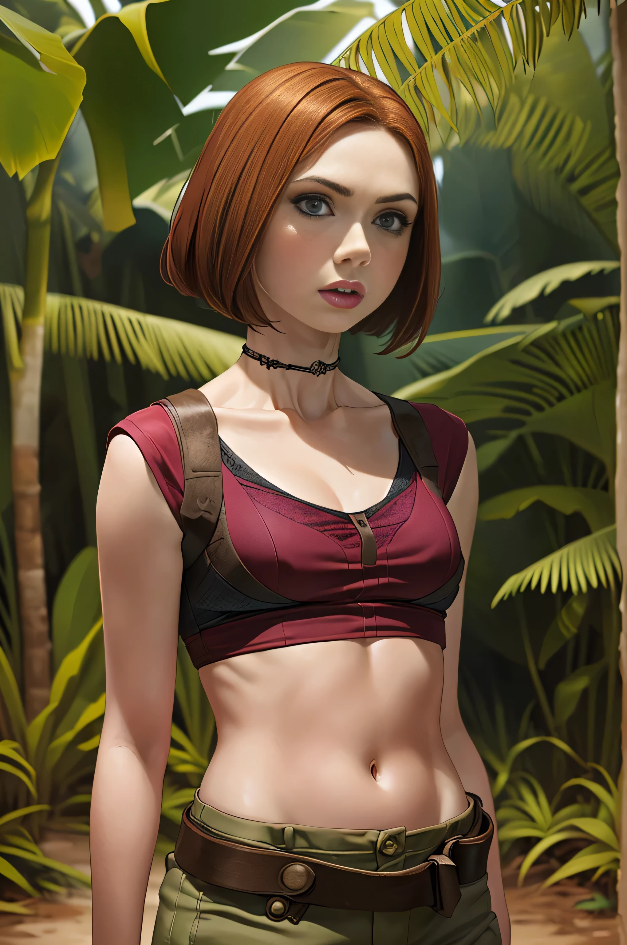 Karen Gillan, masterpiece quality, (masterpiece quality:1.5), high res, realistic, lots of detail, alone, 1girl, (1girl:1.9), solo, (solo:1.9), in a jungle, ancient ruins in background, wearing red blouse, midriff, (midriff:1.5), wearing khaki cargo shorts, short hair, thin body, small breasts, (small breasts:1.5), 