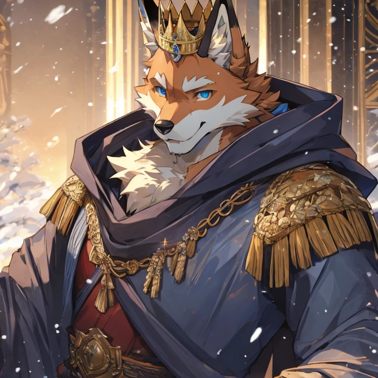 ((best quality)), ((masterpiece)), (detailed), perfect face,, fox man, blue eyes, perfect eyes, handsome, at , tie, fox, elegant, handsome, smiling, winter cloak, king, old age, crown
