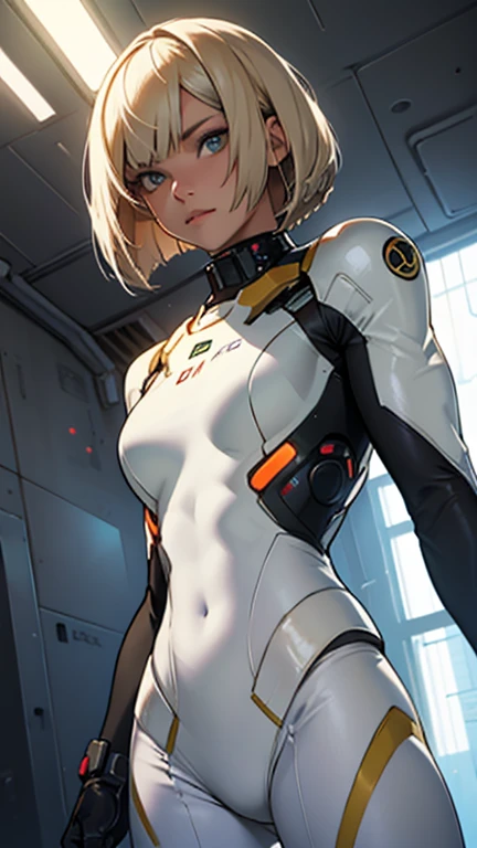 Beautiful cybernetic girl looking at camera in underwear space battlesuit detailed muscles realistic masterpieces dynamic poses sandy blonde white hair bob cut