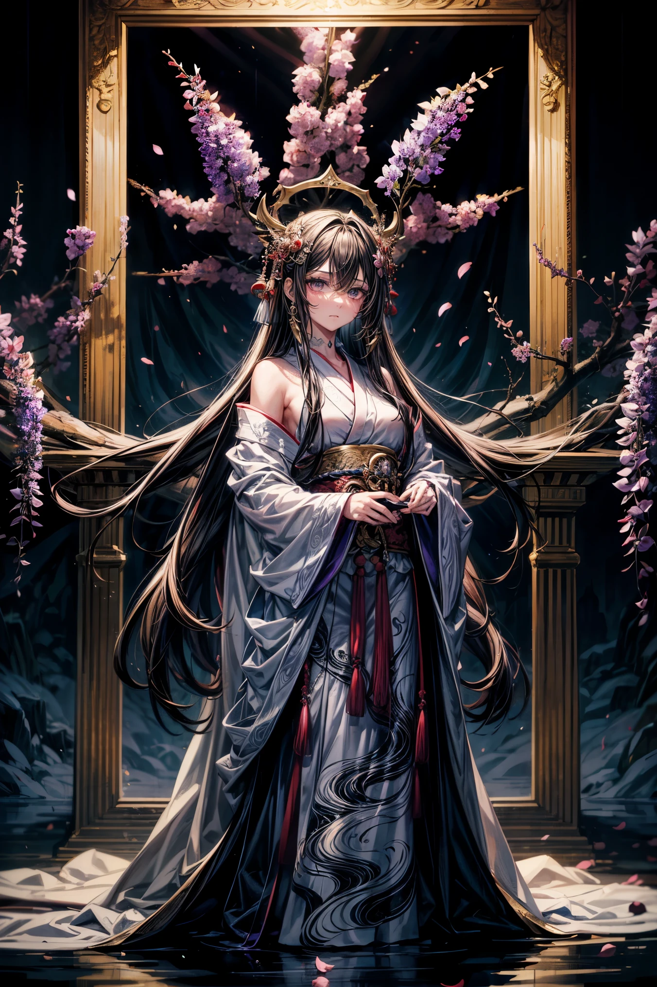masterpiece,highest quality,Ultra high definition,Izanami,Mythical atmosphere, Long flowing black hair, Deep purple eyes, Traditional divine robe, Mysterious aura, Wisteria ornamentation, Sea of clouds in background, Ancient Japanese god-like appearance, Graceful standing posture, Silent expression, Accessories with sacred power, Mythological background