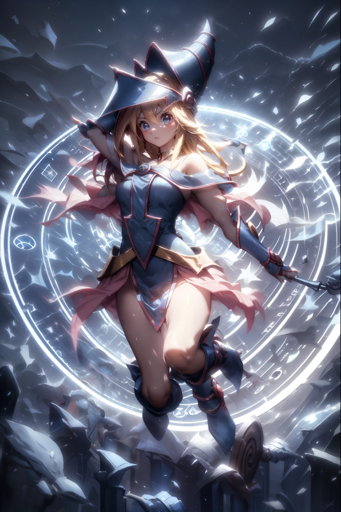Dark Magician Gils. Cabello rubio. Ojos azules. Labios rojos. Leaving a magic circle. Magic de fondo
