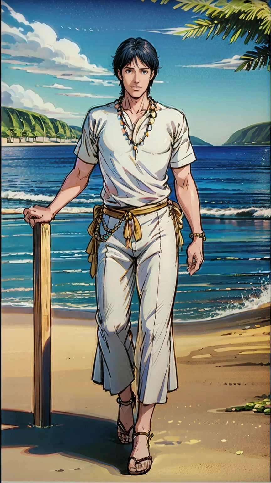 (masterpiece, Best quality, a high resolution, ultra detailed), (beautiful and aesthetically pleasing: 1.2), 1 man, adult man, black hair, blue eyes, gentle face, (slight smile: 0.8), detailed eyes and face, male body, male focus, Full length figure,  beautiful hula short, Hawaiian skirt, Hawaiian style, Hawaiian shirt, sandals, flowers, woven into hair, flower beads for neck, beach, Hawaii, golden hour, sea , sand, holiday on the beach
