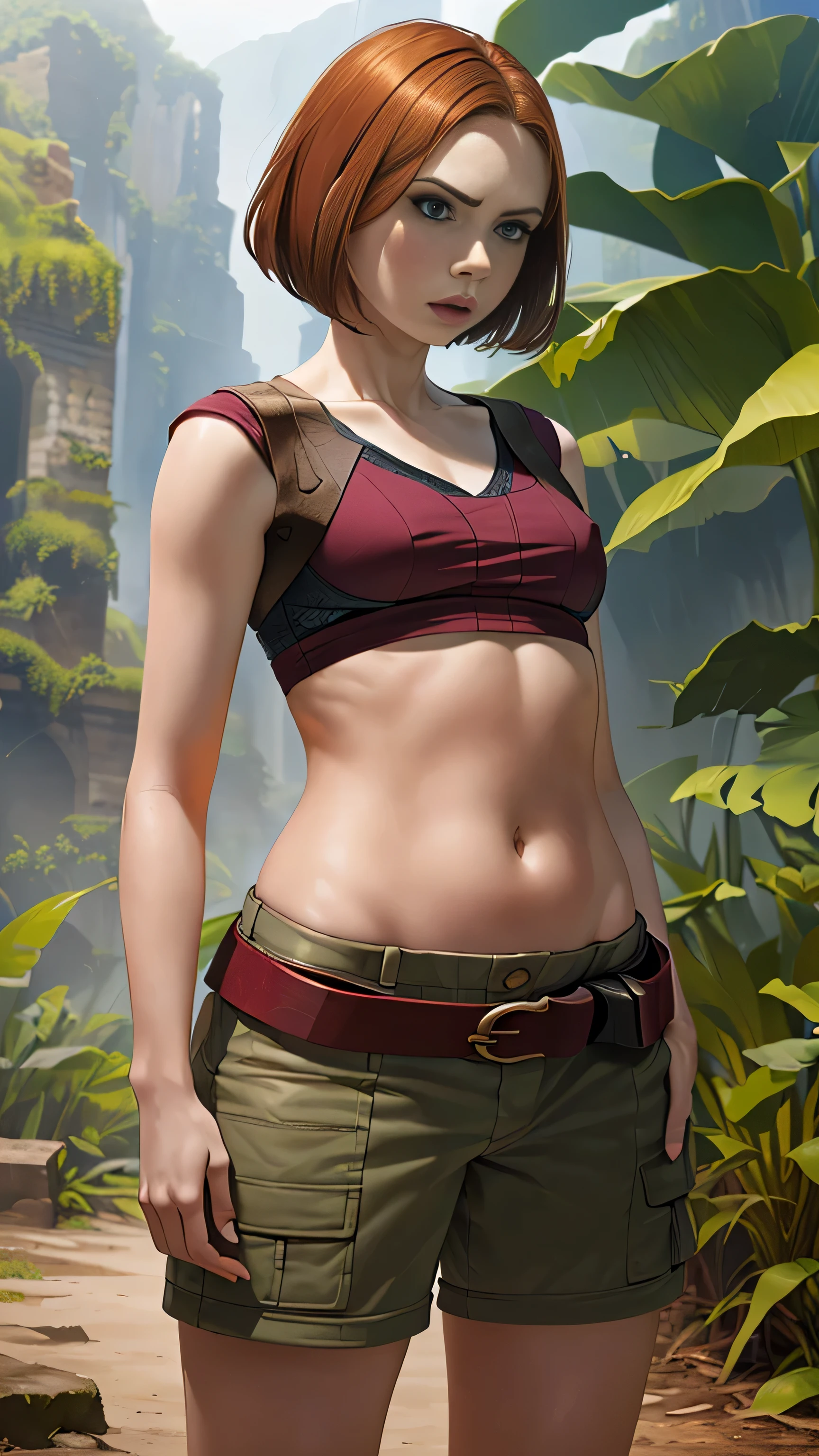 Karen Gillan, masterpiece quality, (masterpiece quality:1.5), high res, realistic, lots of detail, alone, 1girl, (1girl:1.9), solo, (solo:1.9), in a jungle, ancient ruins in background, wearing red blouse, midriff, (midriff:1.5), wearing khaki cargo shorts, short hair, thin body, small breasts, (small breasts:1.5), 