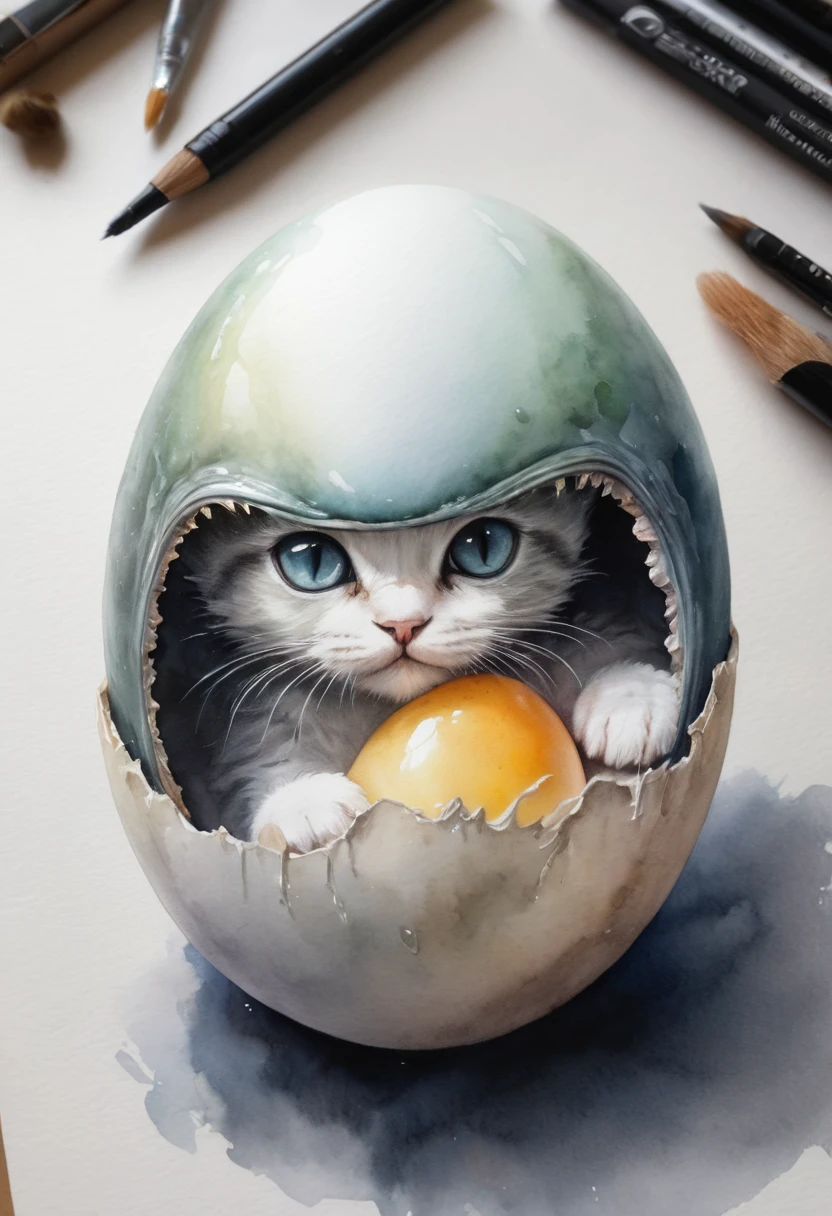masterpiece of watercolor painting, xenomorph egg, hatching face cat, cute xenomorph, 8k, hyperrealism