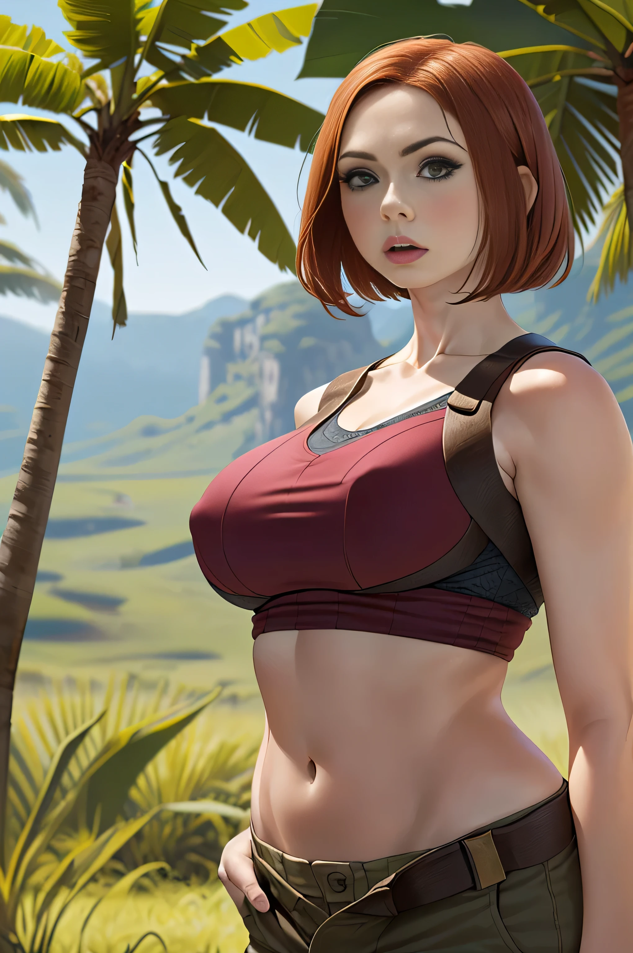 Karen Gillan, masterpiece quality, (masterpiece quality:1.5), high res, realistic, lots of detail, alone, 1girl, (1girl:1.9), solo, (solo:1.9), in a jungle, ancient ruins in background, wearing red blouse, midriff, (midriff:1.5), wearing khaki cargo shorts, short hair, thin body, small breasts, (big breasts:1.2),