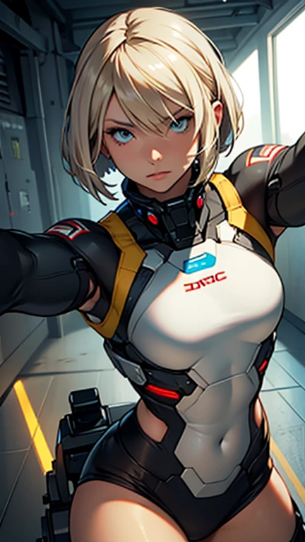Beautiful cybernetic girl looking at camera in underwear battlesuit detailed muscles realistic masterpieces dynamic poses sandy blonde white hair bob cut
