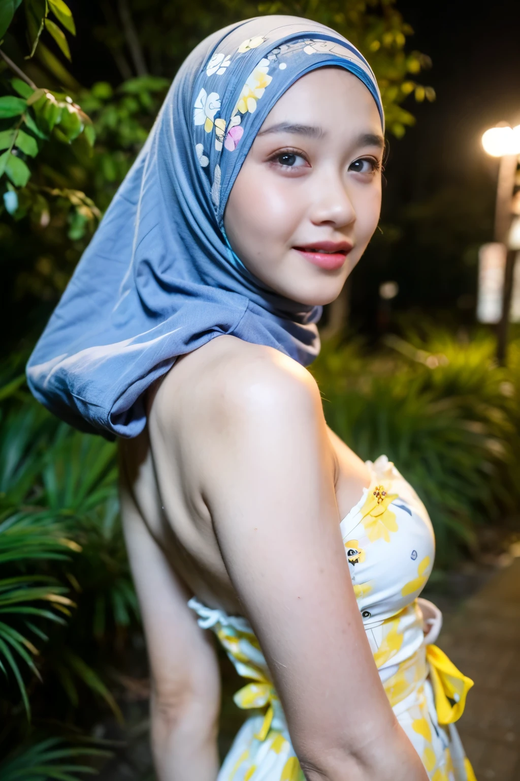 ((Lace)), (Happy smile), (((HIJAB MALAY GIRL))), masutepiece, High quality, UHD 32K, Realistic face, Realistic skin feeling , A Japanese Lady, 58 years old matured lady, , Very cute and baby-like face, (((FLAT CHEST))), (Night time at forest), ((look In front at the camera and SADNESS)), (((BROWN FLUORESCENT))), (((CUTE GIRL))), ((BROWN FLUORESCENT LIPS)), ((Floral Pattern)) little wearing strapless bra, strapless colorful bra, dark night background , black forest night, horror scary place, (from behind up) seductive pose