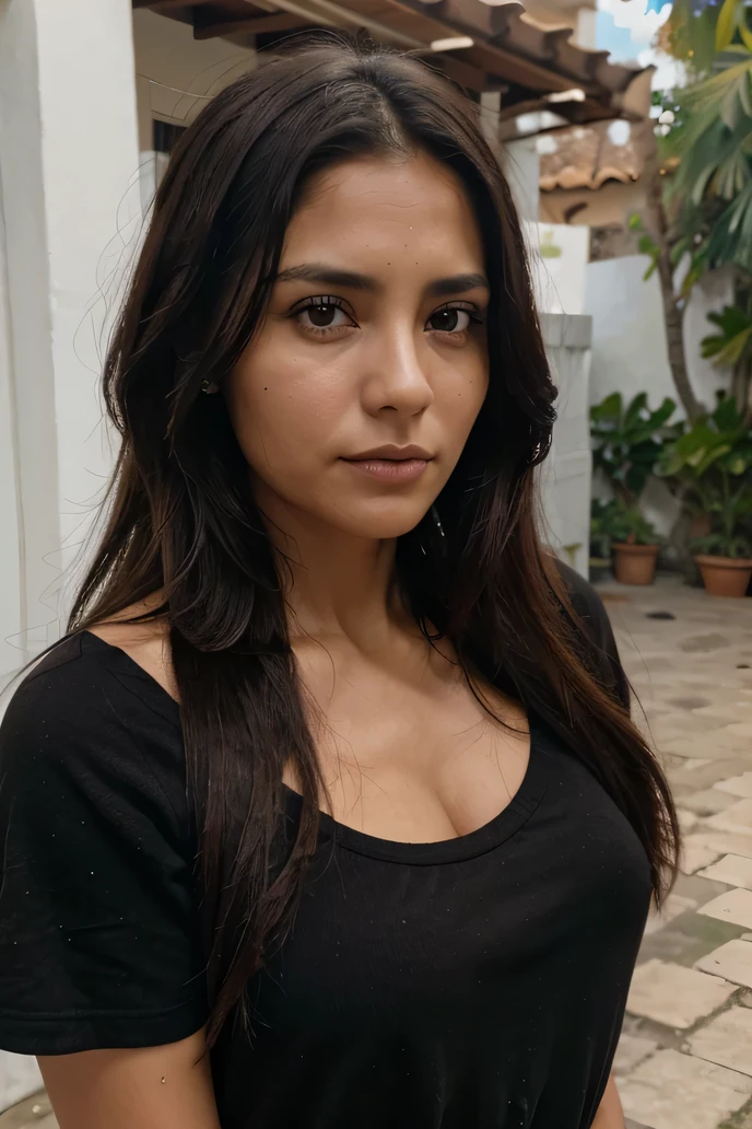 35 year old woman, contextura gruesa, cara redonda, cabello largo, lacio y negro, ojos negros, dark complexion