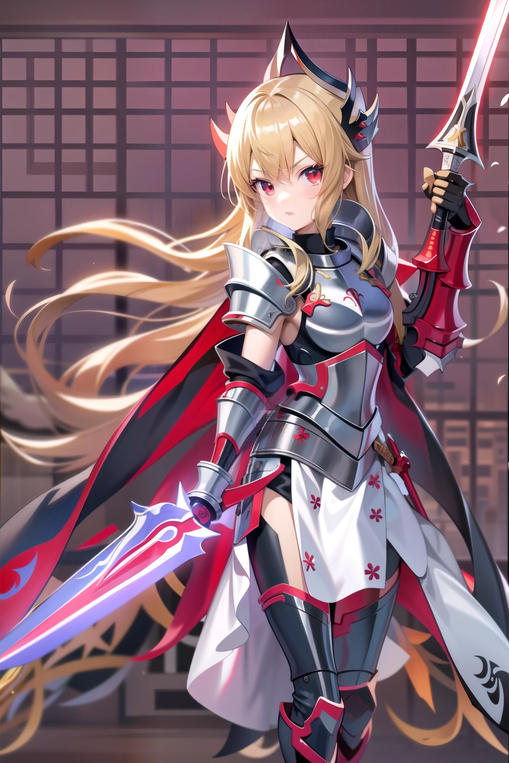 anime, girl single, blonde, red eyes, solo, armor, sword