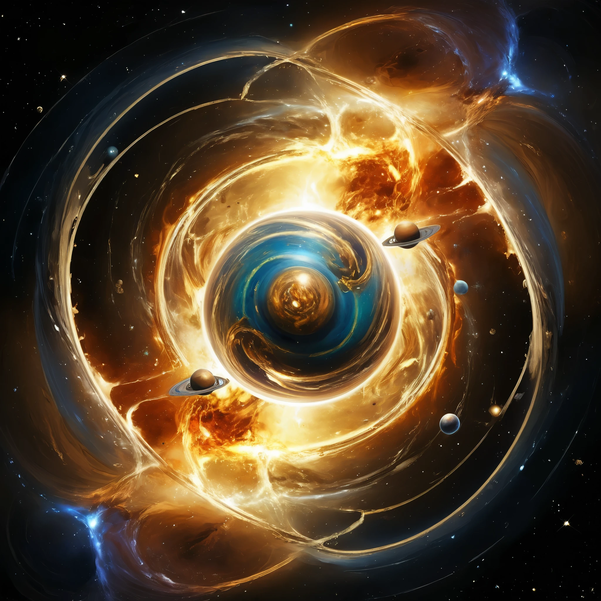 A swirling vortex of cosmic energy consuming planets and stars, painting a picture of the end of a galactic era.