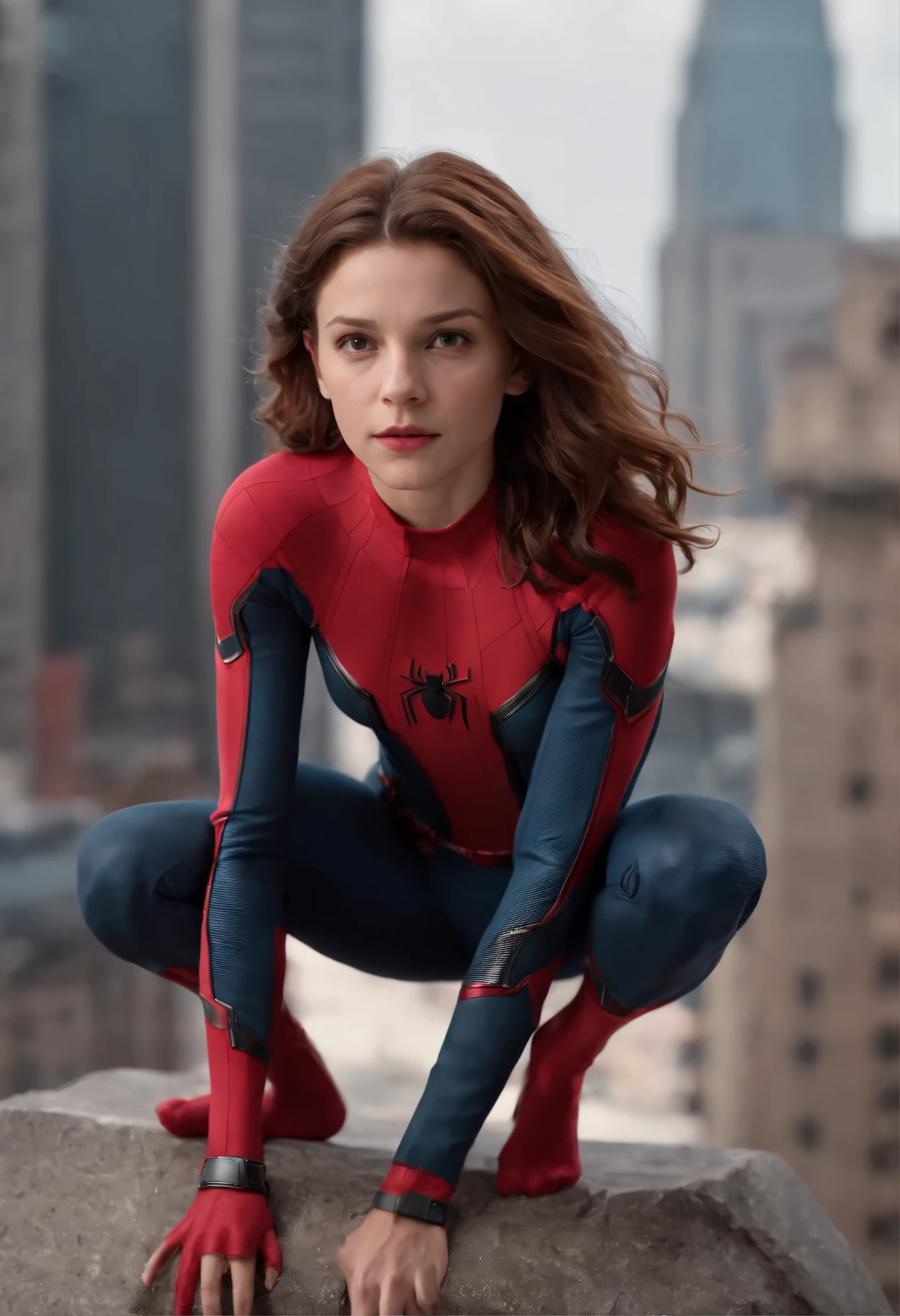 Mulher Tom holland fantasiada de homem aranha(MARVEL), sitting on the edge of a tall building with his back looking at the camera showing his butt with his spine tilted forward to highlight his butt in a sensual way, bunda grande, Tom Holland female version, hq 4k papel de parede, 8k rendering, trends in artstation 4k, cg arte, Tom Holland female version with big hair, corpo escultural, coxas grossas, bunda grande