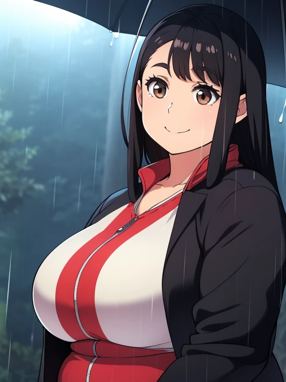 Plump black hair brown eyes longer year 21 big breasts chubby longer hair rain happy smile coat night