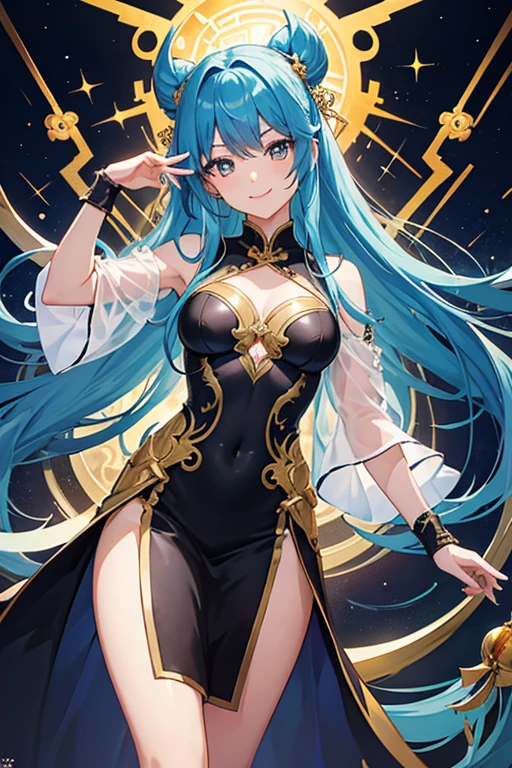 masterpiece, highest quality, High resolution，Anime Style、Characters from Tensura、Velgrind　　　　　　　　　　　Blue Hair（Chignon:1:20）、Golden Eyes、chest、A black Chinese dress with a gold dragon pattern、Smile with your mouth closed