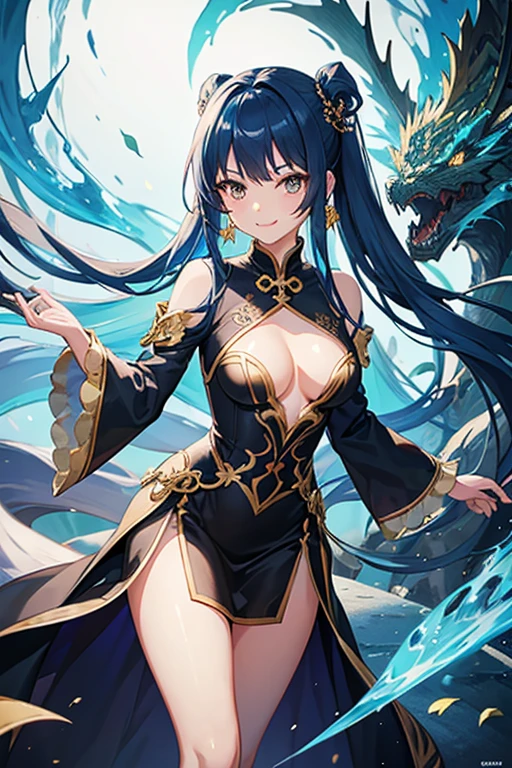 masterpiece, highest quality, High resolution,Anime Style、Characters from Tensura、Velgrind Blue Hair(Chignon:1:20)、Golden Eyes、chest、A black Chinese dress with a gold dragon pattern、Smile with your mouth closed